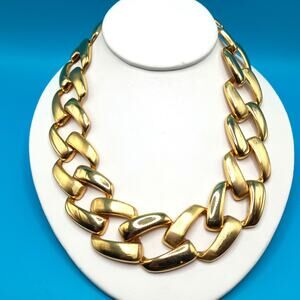 Vintage Chain Choker Necklace, Interlocking Gold Tone, 1980s
